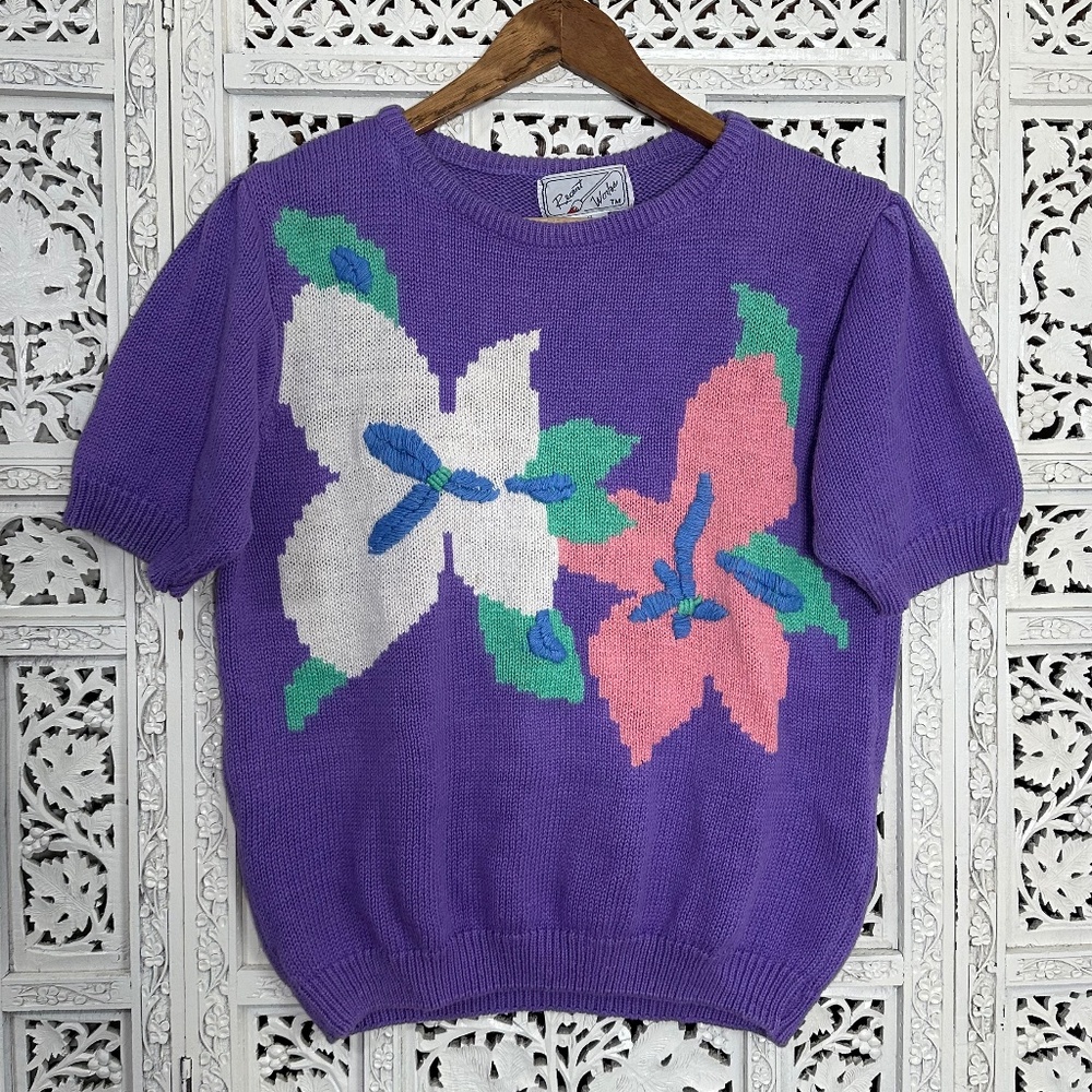 Vintage Recent Works Purple Floral Pastel Short Sleeve‎ Grannycore Sweater